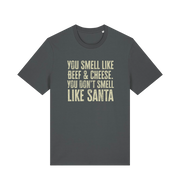 grey christmas t-shirt with the slogan 'you smell like beef and cheese, you dont smell like santa'