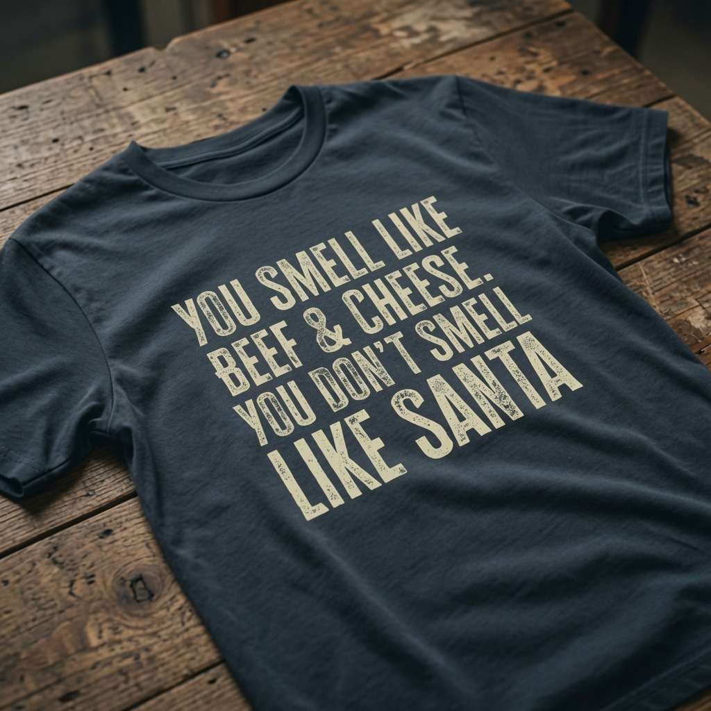 Ink grey You Smell Like Beef & Cheese t-shirt on wood, mens witty fun xmas slogan