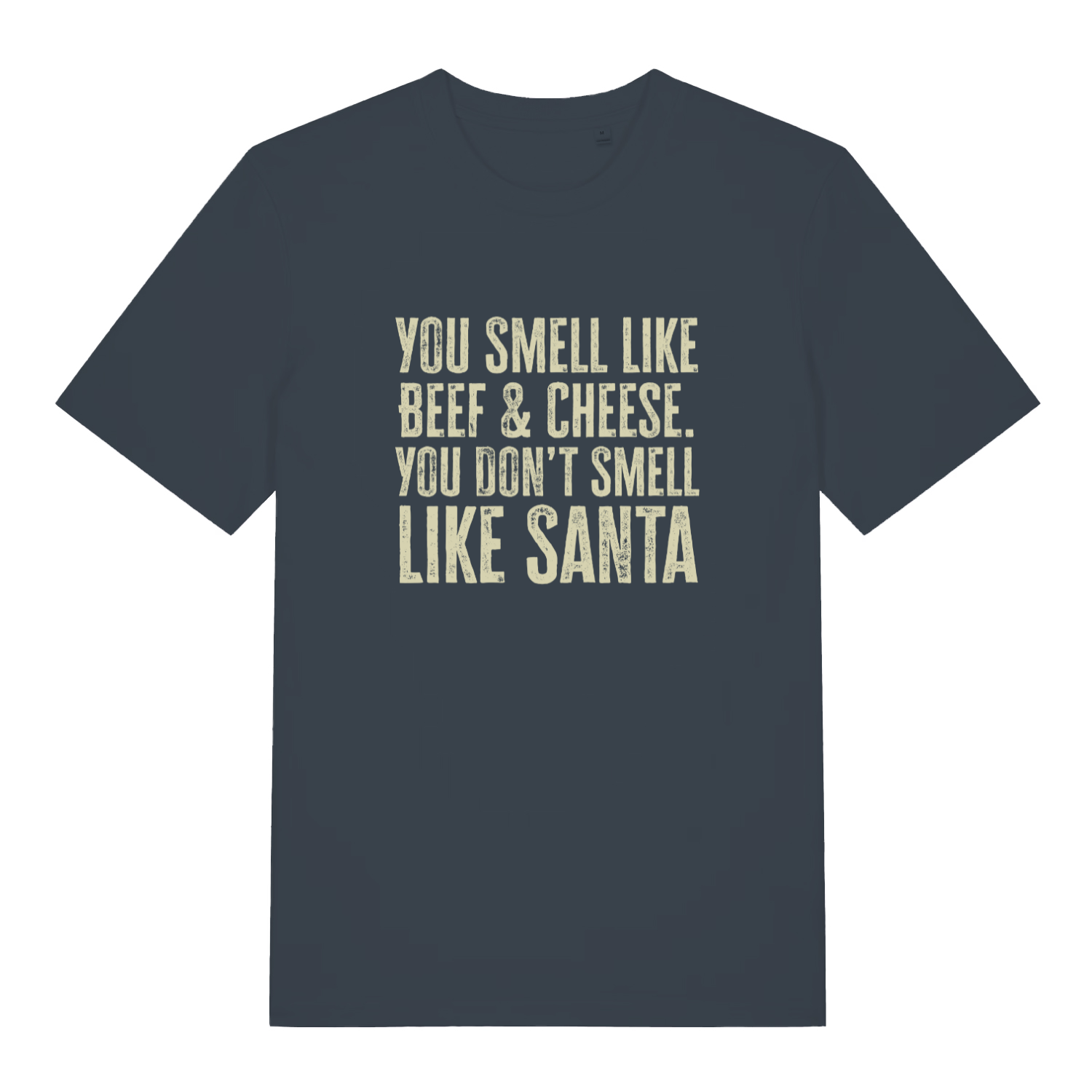 Ink Grey Don't Smell Like Santa T-shirt flat lay with distressed festive banter slogan