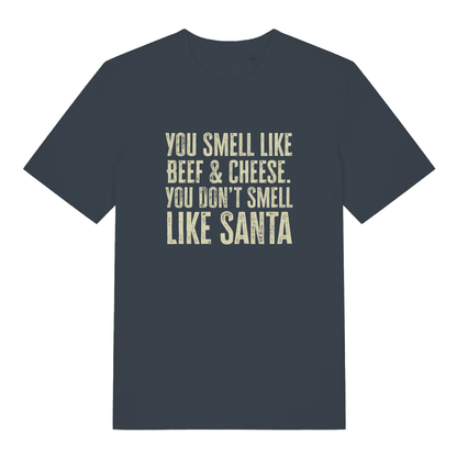 Ink Grey Don't Smell Like Santa T-shirt flat lay with distressed festive banter slogan