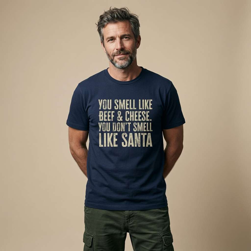 Man standing with hands in pockets in navy You Smell Like Beef & Cheese t-shirt, funny Christmas phrase