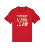 red christmas t-shirt with the slogan 'you smell like beef and cheese, you dont smell like santa'