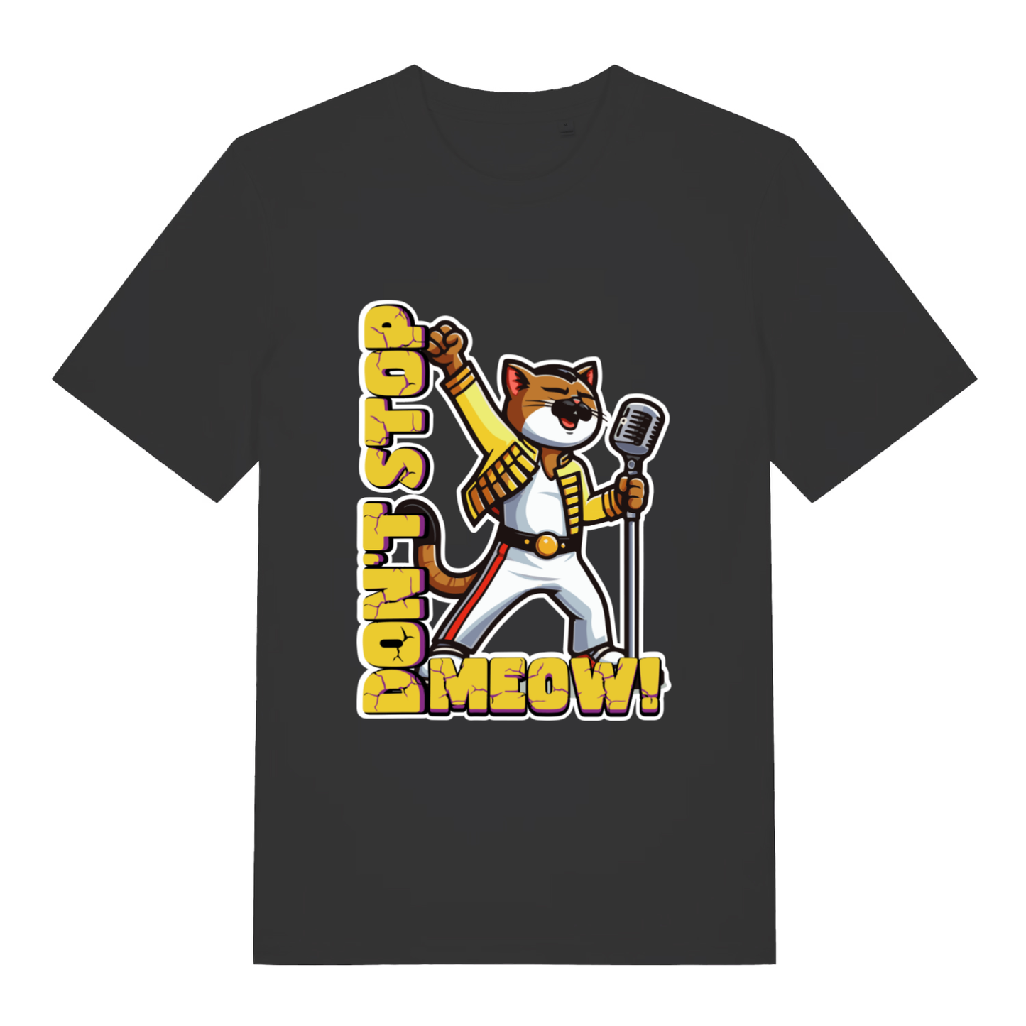 Black Don't Stop Meow T-shirt flat lay with Freddie Mercury style cat microphone graphic