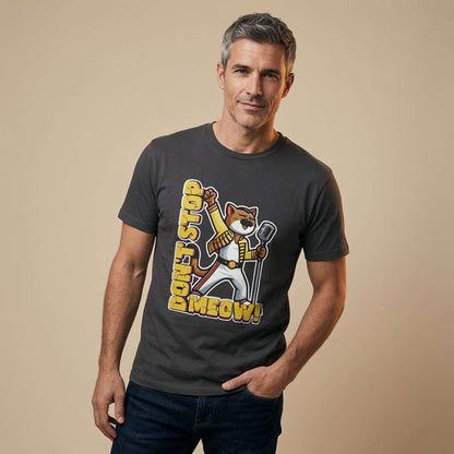 Man posing in black Don’t Stop Meow tee with rockstar cat graphic, music-inspired feline pun