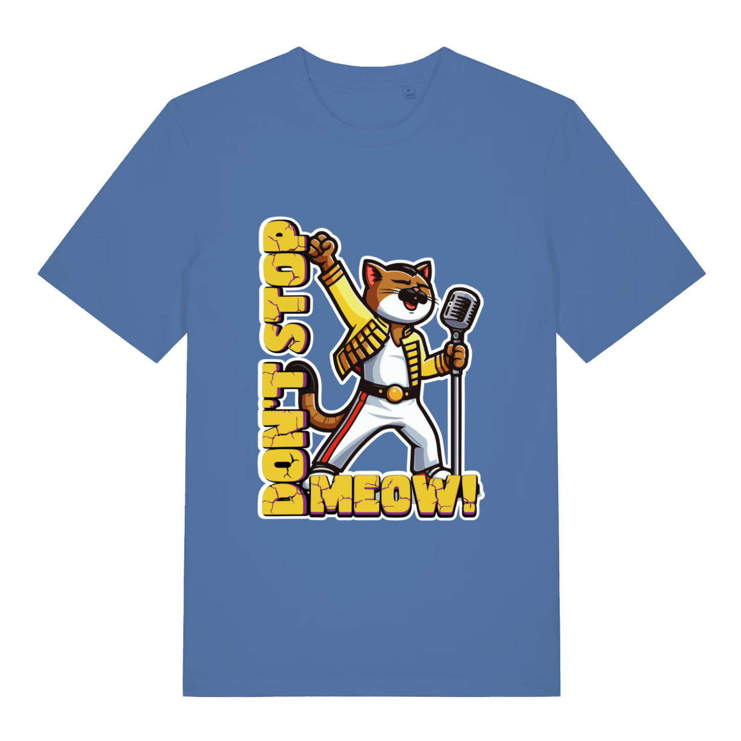 Bright Blue Don't Stop Meow T-shirt flat lay featuring funny rock cat "Don't Stop Meow" design