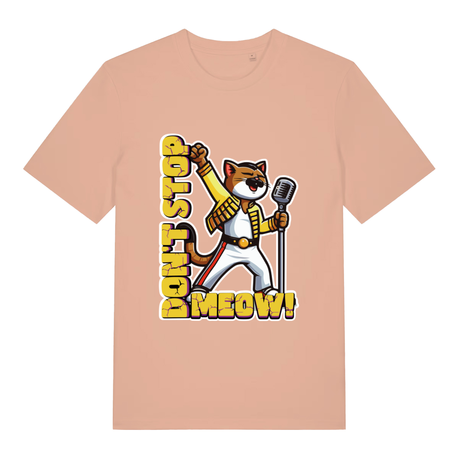 Fraîche Pêche Don't Stop Meow T-shirt flat lay showing vibrant singing cat parody illustration