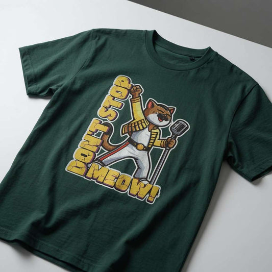 Glazed green Don’t Stop Meow t-shirt laid flat, fun mens music-inspired feline pun graphic