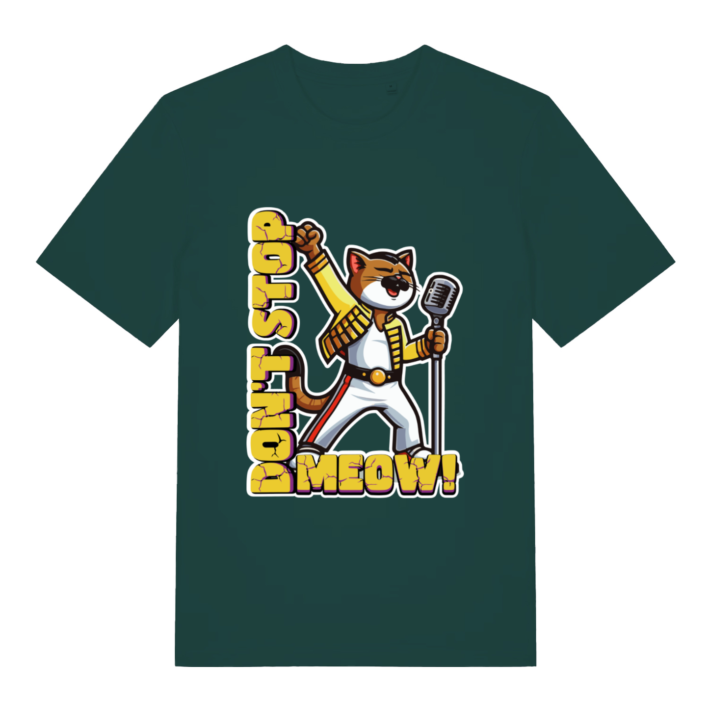 Glazed Green Don't Stop Meow T-shirt flat lay with bold rock legend cat graphic
