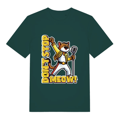 Glazed Green Don't Stop Meow T-shirt flat lay with bold rock legend cat graphic