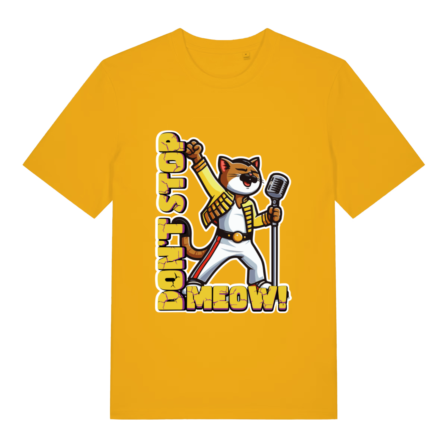 Spectra Yellow Don't Stop Meow T-shirt flat lay displaying epic "Don't Stop Meow" cat design