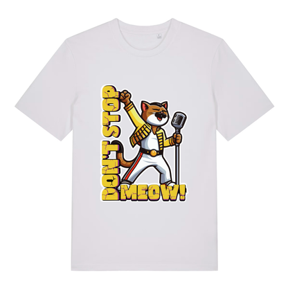 White Don't Stop Meow T-shirt flat lay with clean Freddie Mercury cat microphone artwork