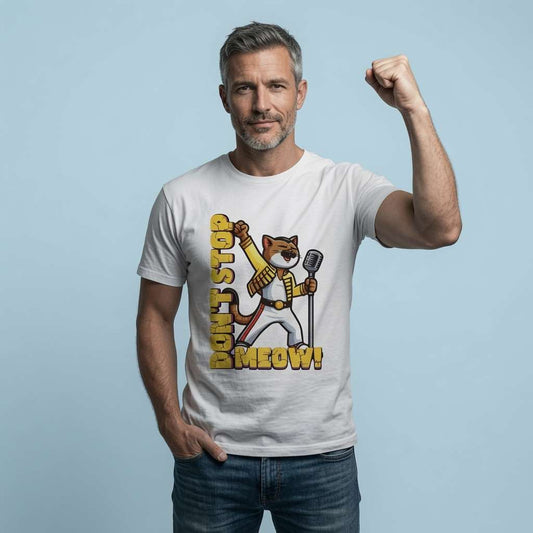 Man raising fist in white Don’t Stop Meow t-shirt featuring Freddie-style cat, funny music-inspired pun