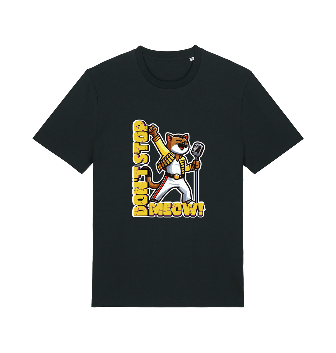 black cat t-shirt with the graphic of a cat dressed as freddie mercury and the slogan 'don't stop meow'