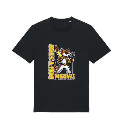 black cat t-shirt with the graphic of a cat dressed as freddie mercury and the slogan 'don't stop meow'