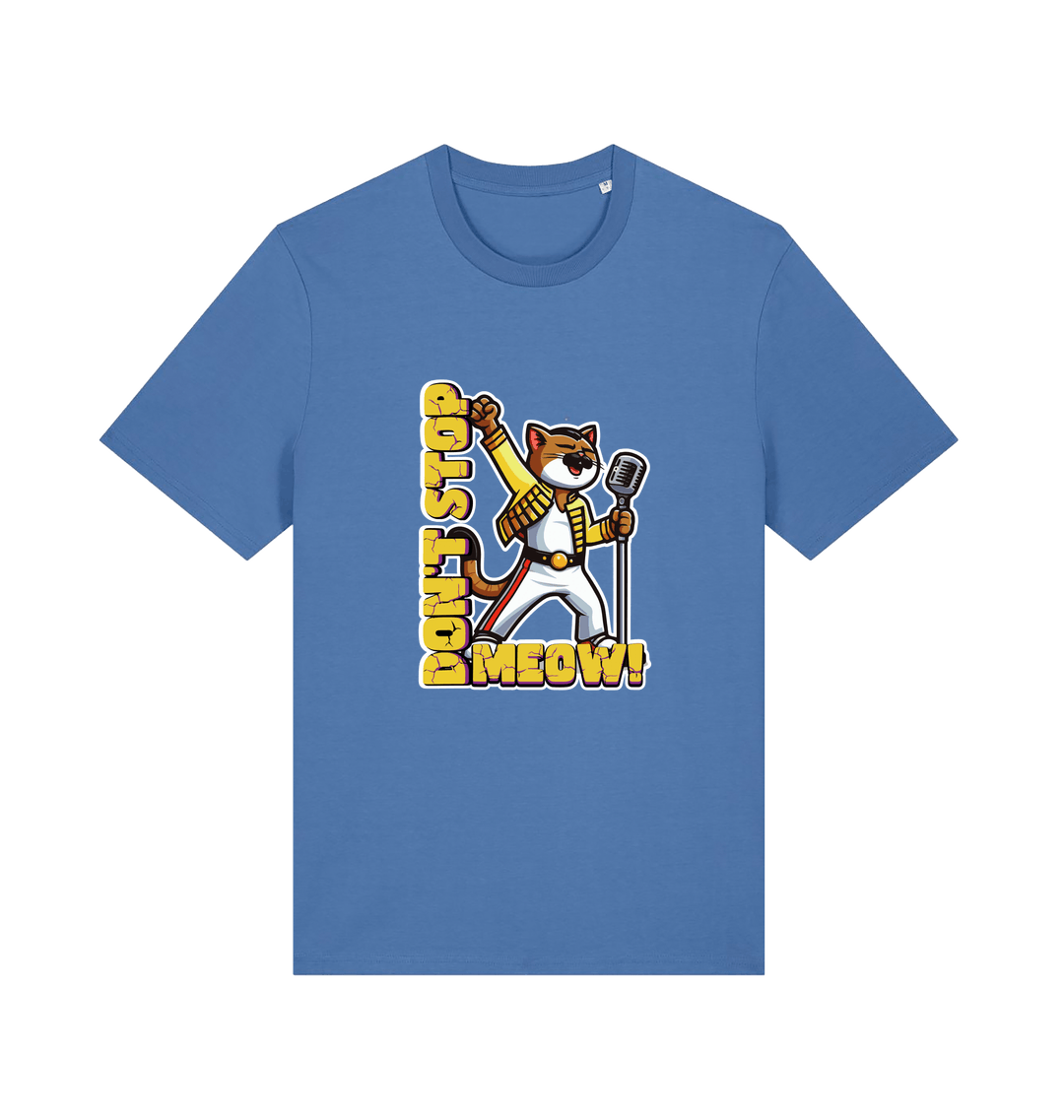 blue cat t-shirt with the graphic of a cat dressed as freddie mercury and the slogan 'don't stop meow'