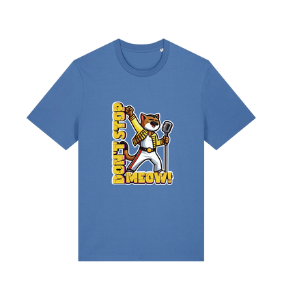 blue cat t-shirt with the graphic of a cat dressed as freddie mercury and the slogan 'don't stop meow'