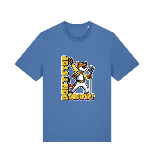 blue cat t-shirt with the graphic of a cat dressed as freddie mercury and the slogan 'don't stop meow'