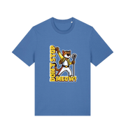 blue cat t-shirt with the graphic of a cat dressed as freddie mercury and the slogan 'don't stop meow'