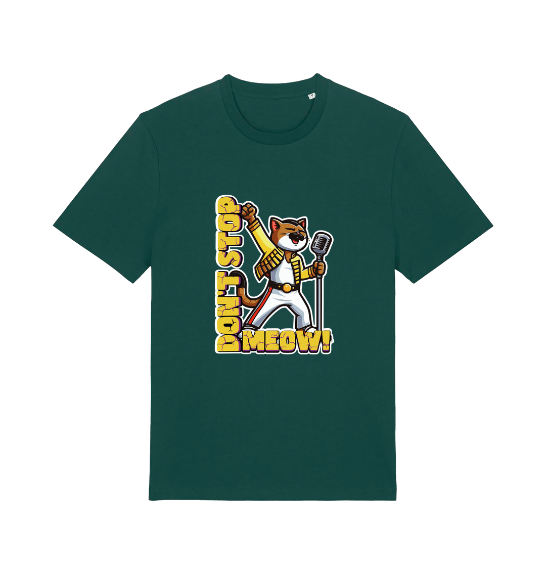 green cat t-shirt with the graphic of a cat dressed as freddie mercury and the slogan 'don't stop meow'