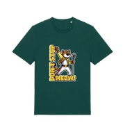 green cat t-shirt with the graphic of a cat dressed as freddie mercury and the slogan 'don't stop meow'