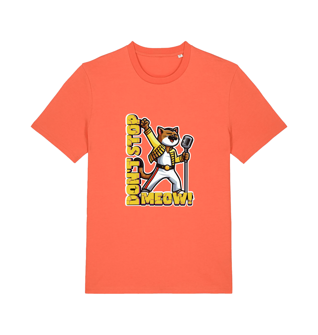 orange cat t-shirt with the graphic of a cat dressed as freddie mercury and the slogan 'don't stop meow'