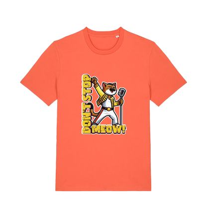 orange cat t-shirt with the graphic of a cat dressed as freddie mercury and the slogan 'don't stop meow'
