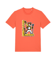 orange cat t-shirt with the graphic of a cat dressed as freddie mercury and the slogan 'don't stop meow'
