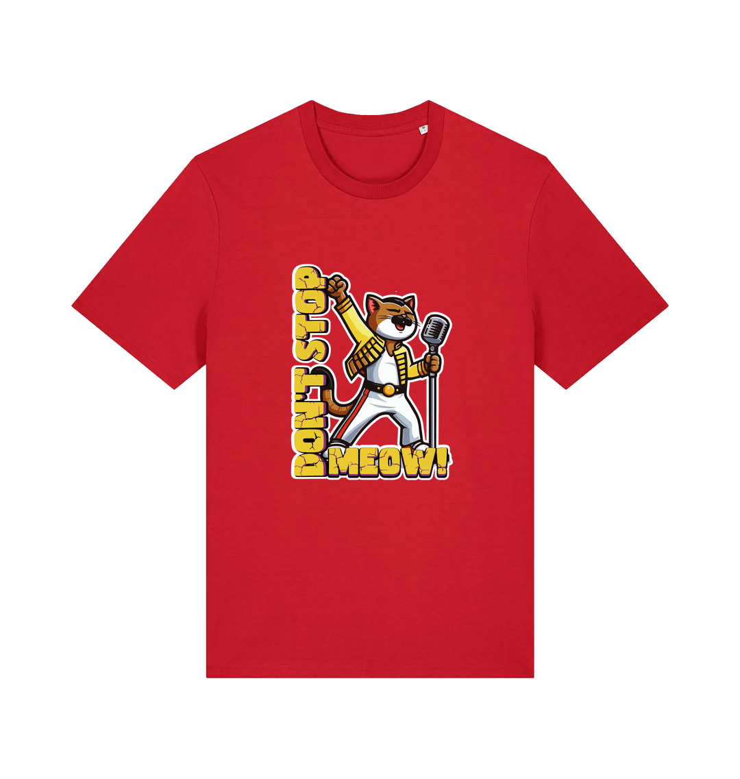 red cat t-shirt with the graphic of a cat dressed as freddie mercury and the slogan 'don't stop meow'