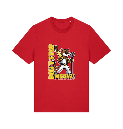red cat t-shirt with the graphic of a cat dressed as freddie mercury and the slogan 'don't stop meow'