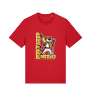 red cat t-shirt with the graphic of a cat dressed as freddie mercury and the slogan 'don't stop meow'