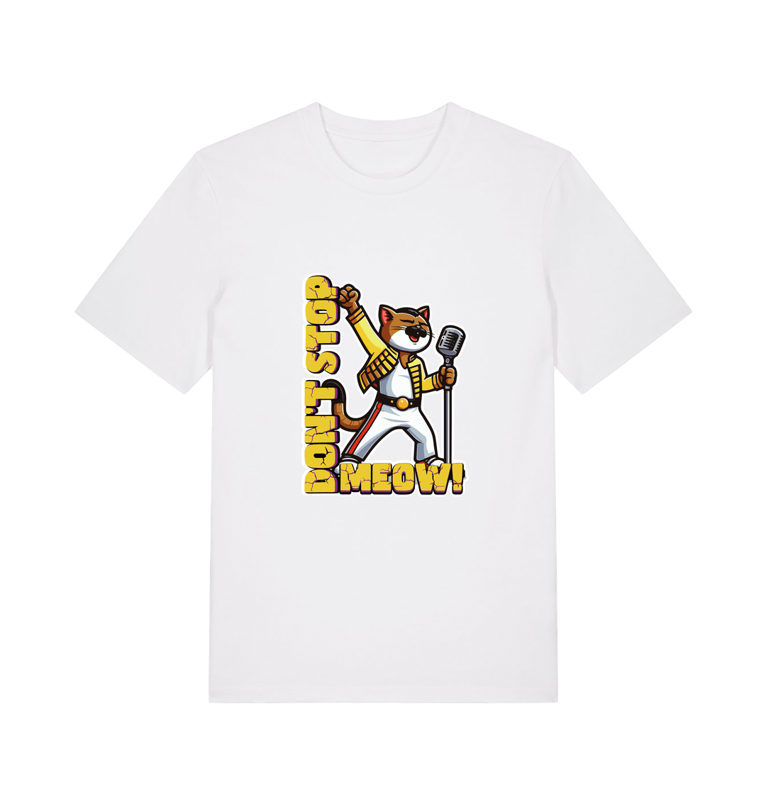 white cat t-shirt with the graphic of a cat dressed as freddie mercury and the slogan 'don't stop meow'