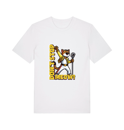 white cat t-shirt with the graphic of a cat dressed as freddie mercury and the slogan 'don't stop meow'