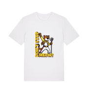 white cat t-shirt with the graphic of a cat dressed as freddie mercury and the slogan 'don't stop meow'