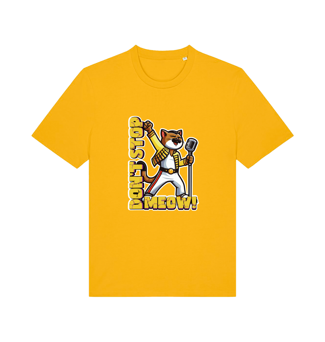 yellow cat t-shirt with the graphic of a cat dressed as freddie mercury and the slogan 'don't stop meow'