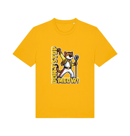 yellow cat t-shirt with the graphic of a cat dressed as freddie mercury and the slogan 'don't stop meow'