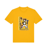 yellow cat t-shirt with the graphic of a cat dressed as freddie mercury and the slogan 'don't stop meow'