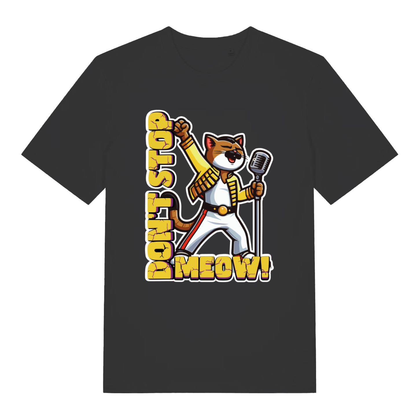 Black women's Don't Stop Meow T-shirt flat lay with Freddie Mercury style cat microphone graphic