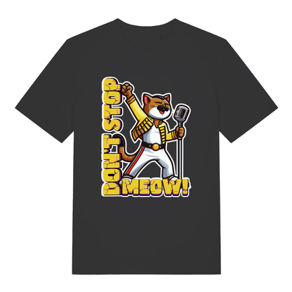 Black women's Don't Stop Meow T-shirt flat lay with Freddie Mercury style cat microphone graphic