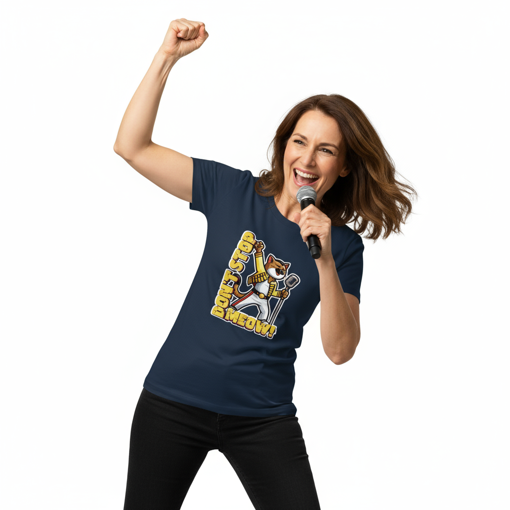 Woman wearing a navy blue graphic t-shirt, holding a microphone on a white background