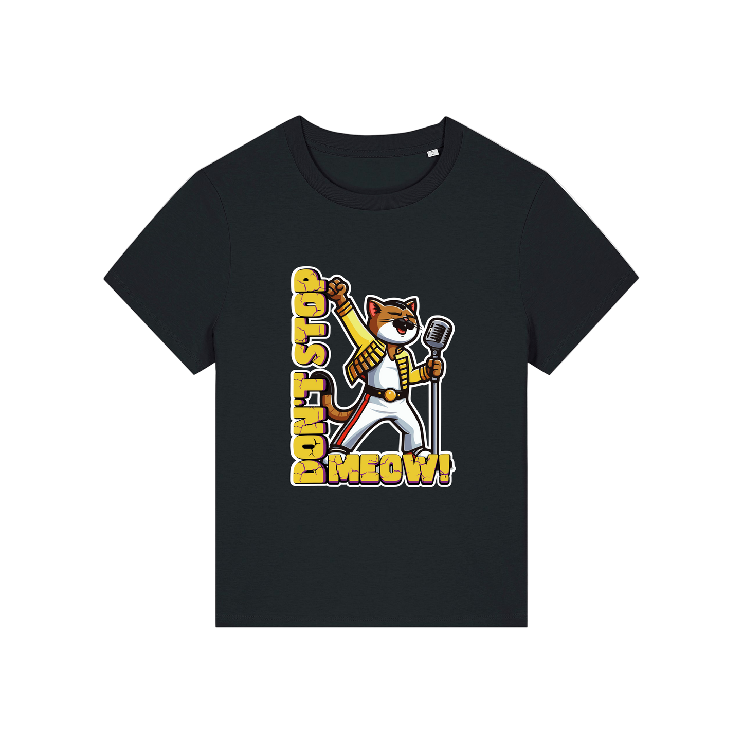 black music t-shirt with the graphic of a cat dressed as freddie mercury and the slogan 'don't stop meow'