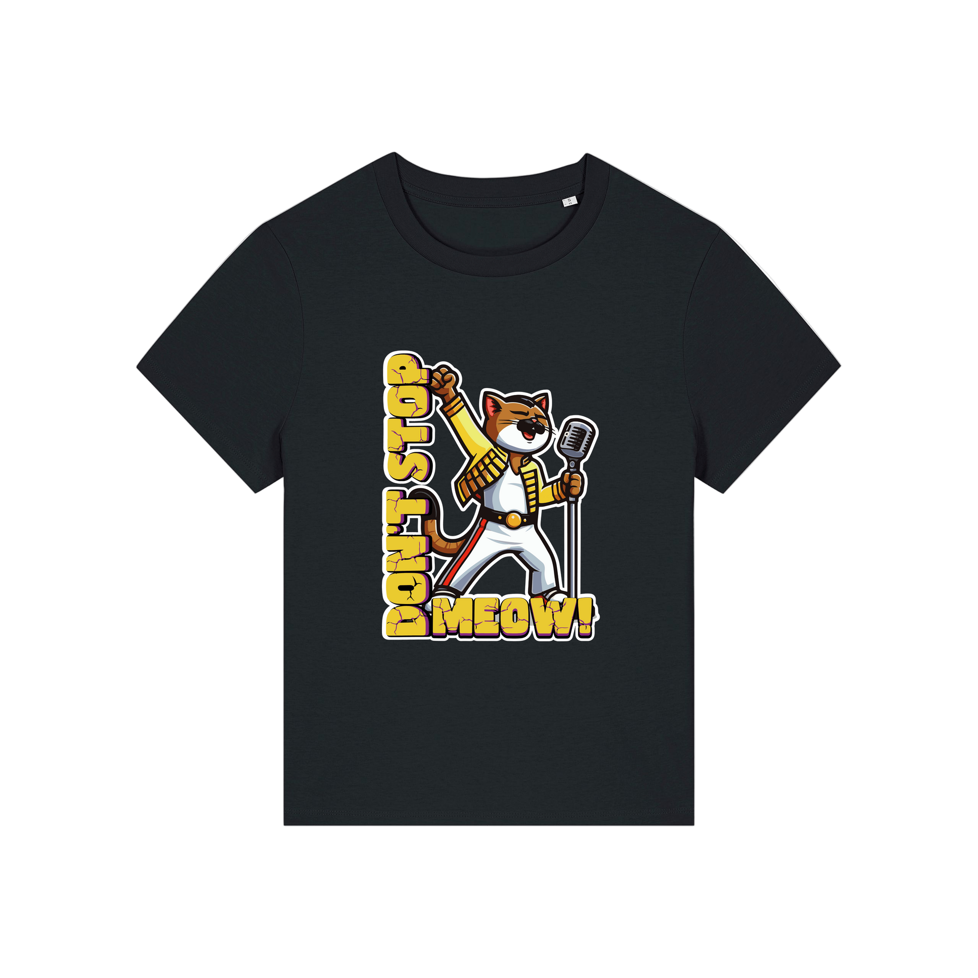 black music t-shirt with the graphic of a cat dressed as freddie mercury and the slogan 'don't stop meow'
