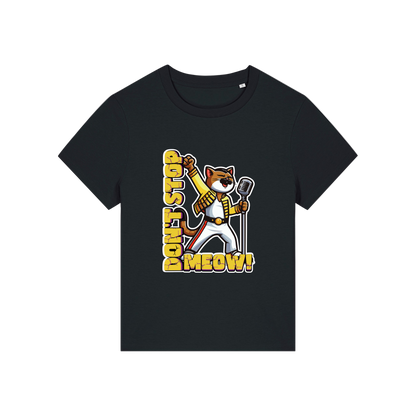 black music t-shirt with the graphic of a cat dressed as freddie mercury and the slogan 'don't stop meow'