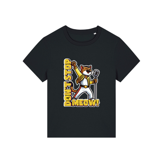 black music t-shirt with the graphic of a cat dressed as freddie mercury and the slogan 'don't stop meow'