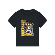 black music t-shirt with the graphic of a cat dressed as freddie mercury and the slogan 'don't stop meow'