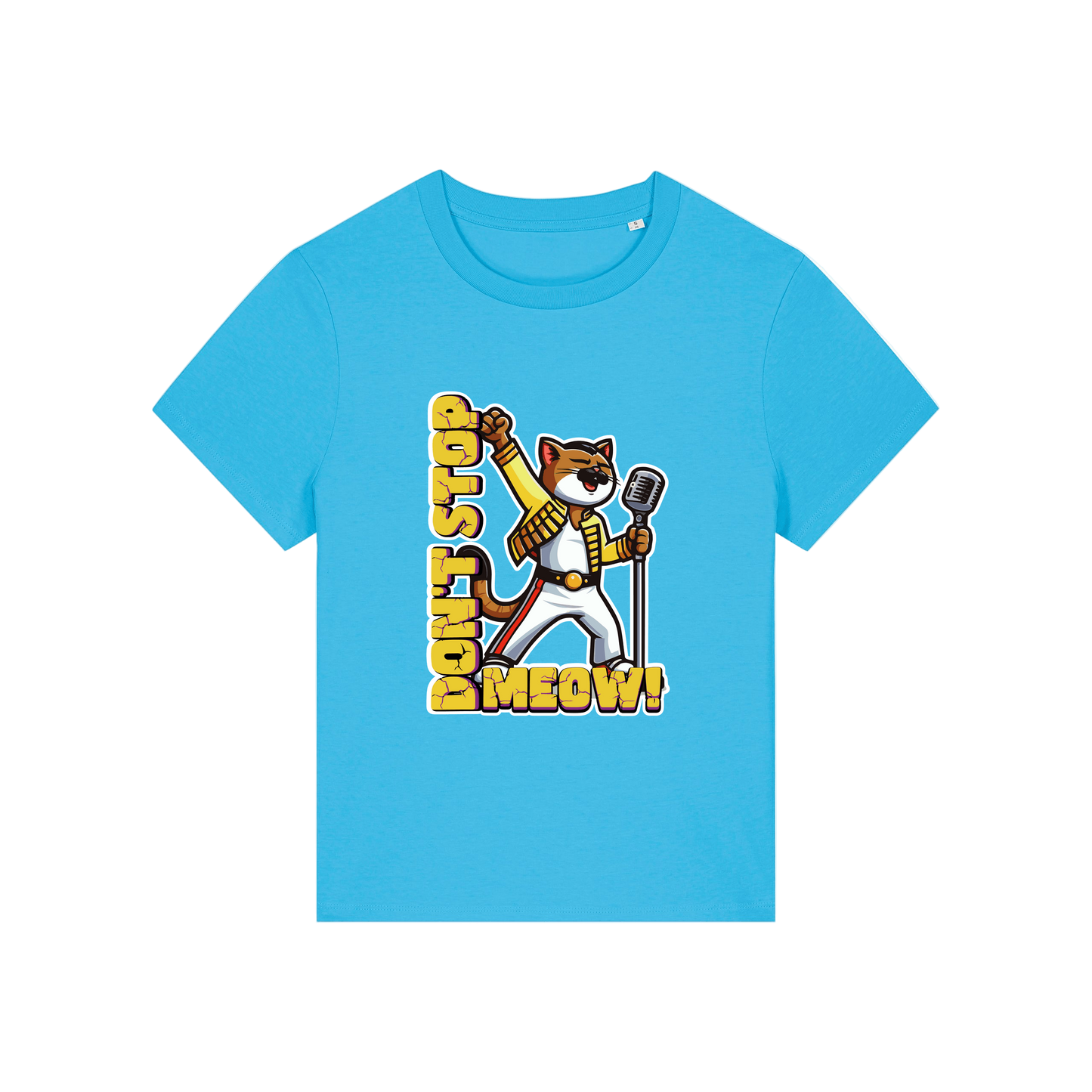 blue music t-shirt with the graphic of a cat dressed as freddie mercury and the slogan 'don't stop meow'