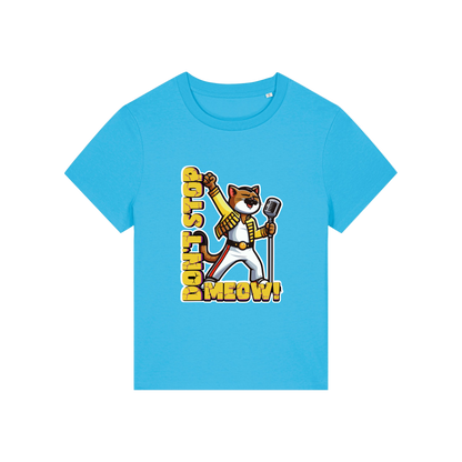 blue music t-shirt with the graphic of a cat dressed as freddie mercury and the slogan 'don't stop meow'