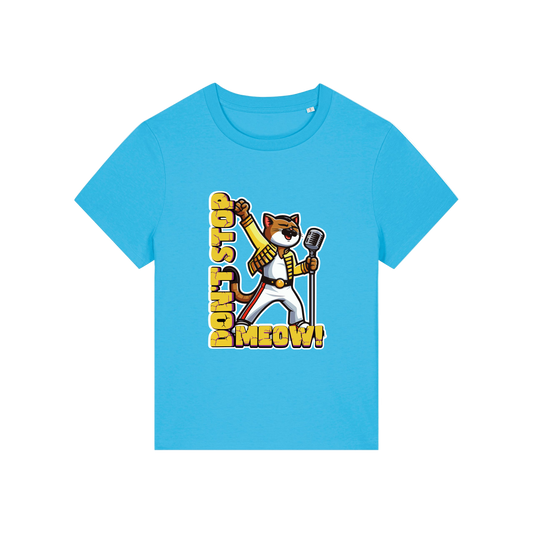 blue music t-shirt with the graphic of a cat dressed as freddie mercury and the slogan 'don't stop meow'
