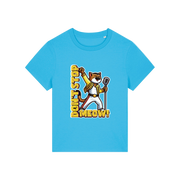 blue music t-shirt with the graphic of a cat dressed as freddie mercury and the slogan 'don't stop meow'