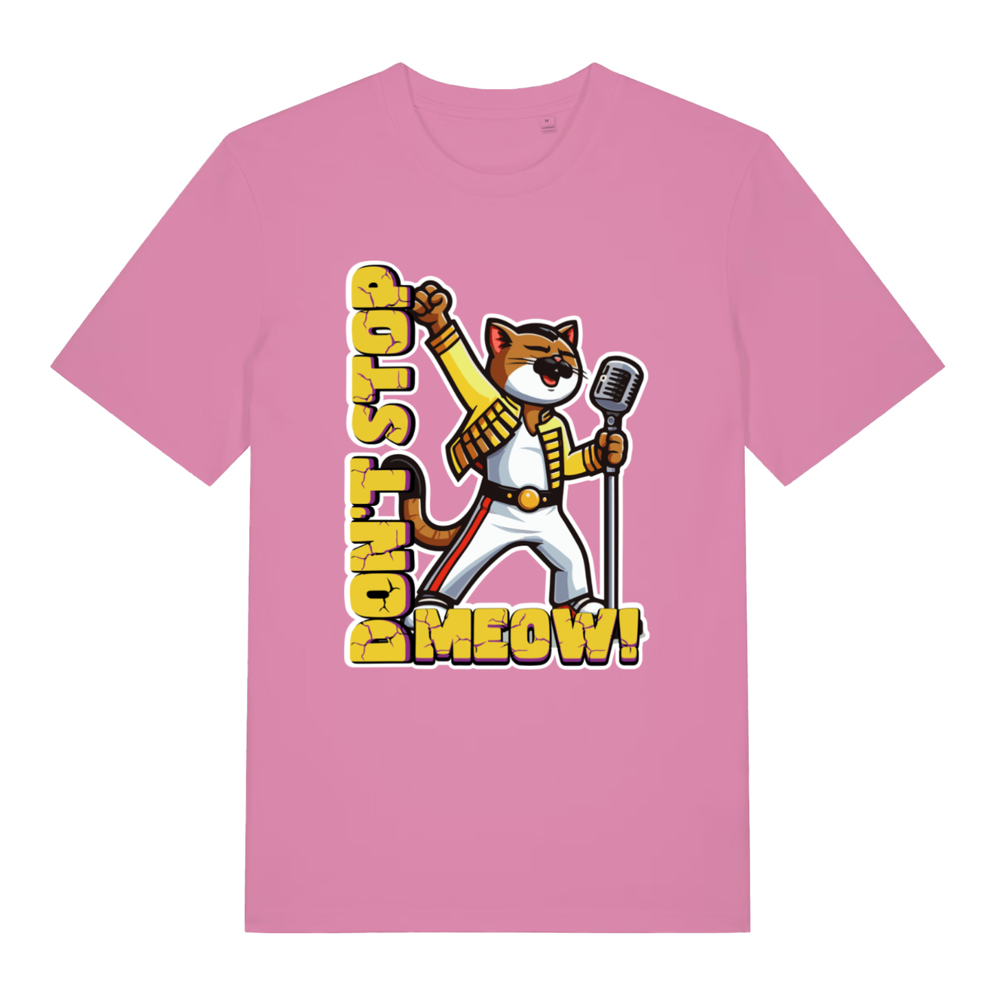 Bubble Pink women's Don't Stop Meow T-shirt flat lay featuring funny rock cat "Don't Stop Meow" design