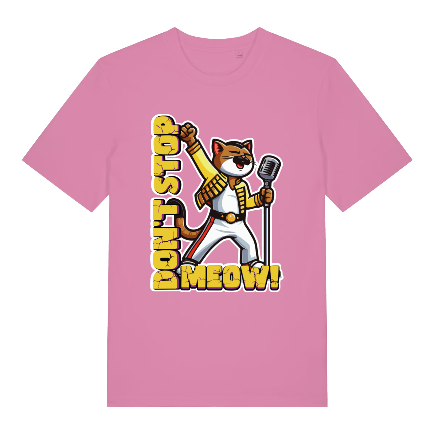 Bubble Pink women's Don't Stop Meow T-shirt flat lay featuring funny rock cat "Don't Stop Meow" design
